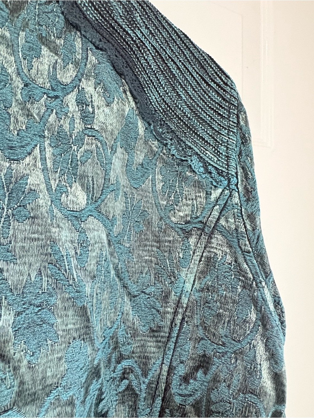 Vintage-Inspired Teal Brocade Jacket with Mandarin Collar Size XL - Picture 11 of 16